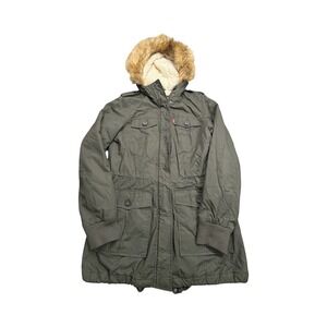 Levi's Parka Jacket Women Small Olive Green Sherpa Lined Faux Fur Hood Utility